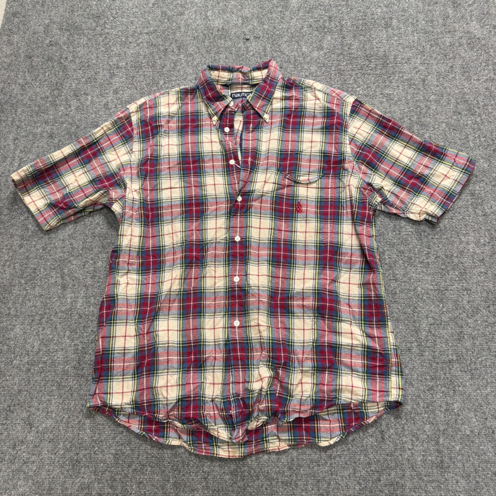 Vintage Nautica Madras check short-sleeve button-down shirt Mens L Multi-color